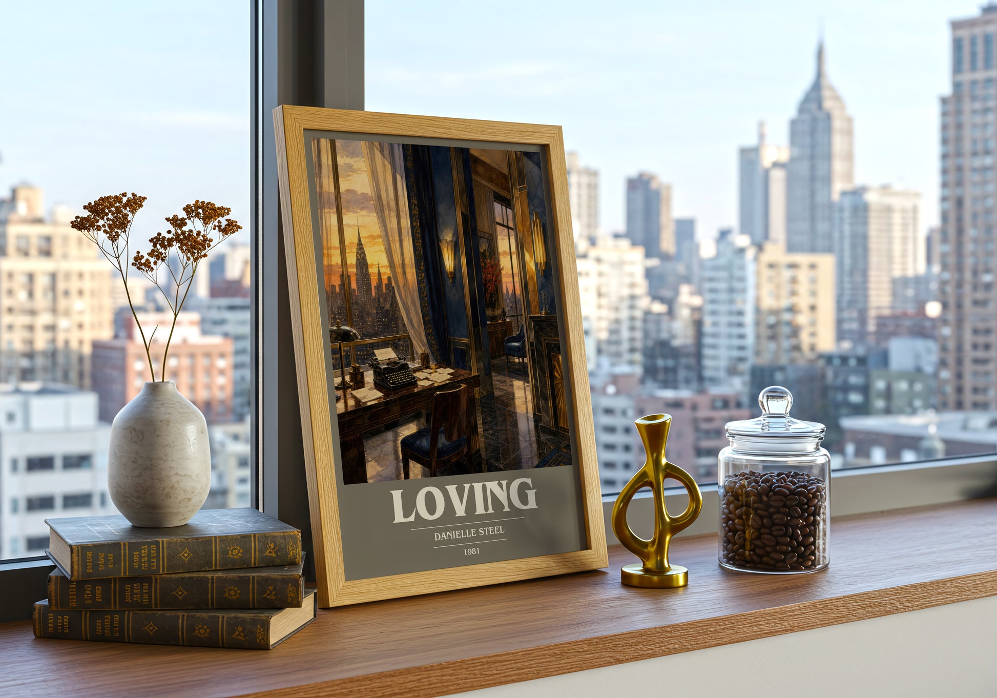 Loving book cover print framed by window – literary home decor