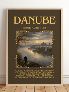 Danube Minimalist Book Poster by Claudio Magris – framed print leaning on a wooden floor