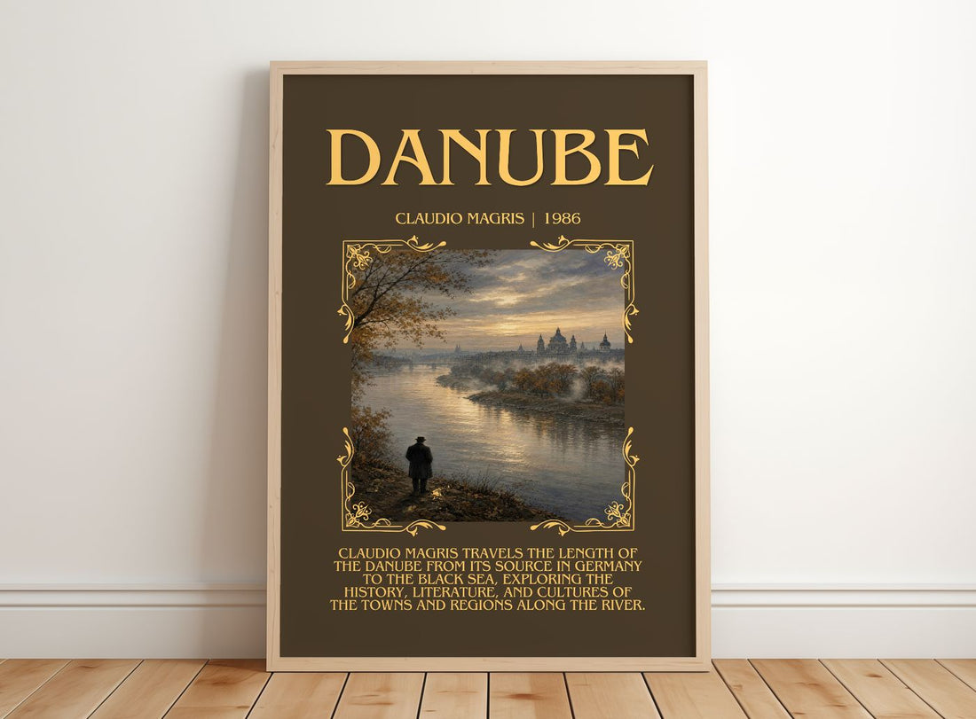 Danube Minimalist Book Poster by Claudio Magris – framed print leaning on a wooden floor