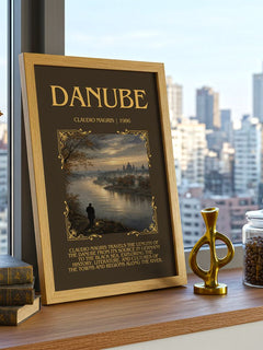 Danube Minimalist Book Poster by Claudio Magris – framed print on a city-view windowsill