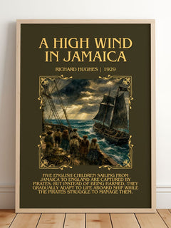 A High Wind in Jamaica Minimalist Book Poster by Richard Hughes – framed print leaning on a wooden floor