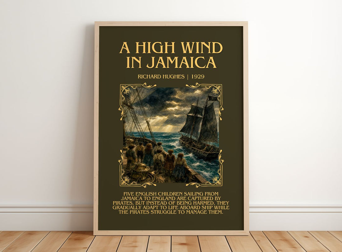 A High Wind in Jamaica Minimalist Book Poster by Richard Hughes – framed print leaning on a wooden floor