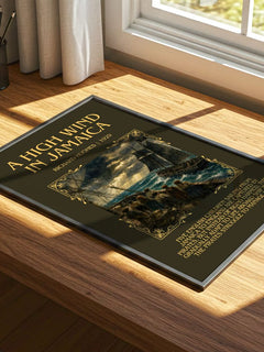 A High Wind in Jamaica Minimalist Book Poster by Richard Hughes – print on a sunlit desk