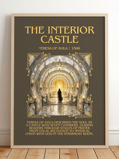 The Interior Castle Minimalist Book Poster by Teresa of Avila – framed print leaning on a wooden floor