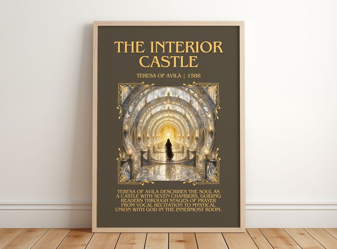 The Interior Castle Minimalist Book Poster by Teresa of Avila – framed print leaning on a wooden floor