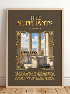 The Suppliants Minimalist Book Poster by Aeschylus – framed print leaning on a wooden floor
