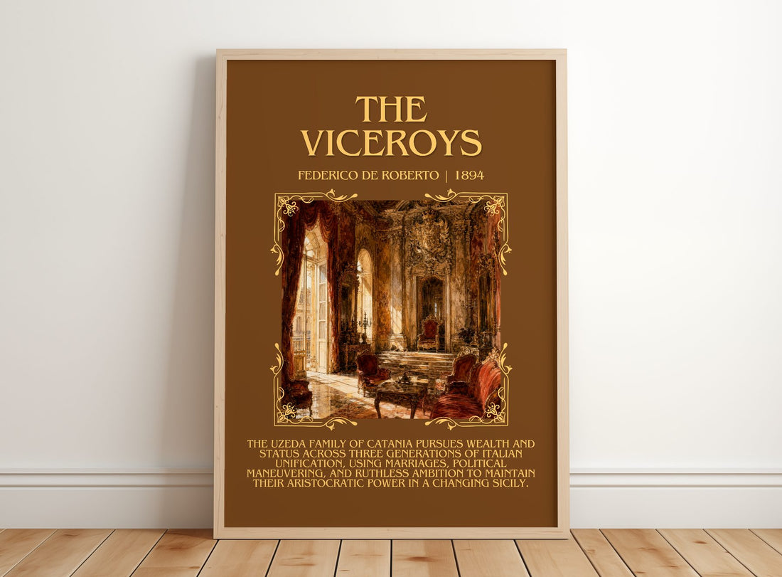 The Viceroys Minimalist Book Poster by Federico De Roberto – framed print leaning on a wooden floor