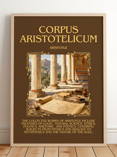 Corpus Aristotelicum Minimalist Book Poster by Aristotle – framed print leaning on a wooden floor