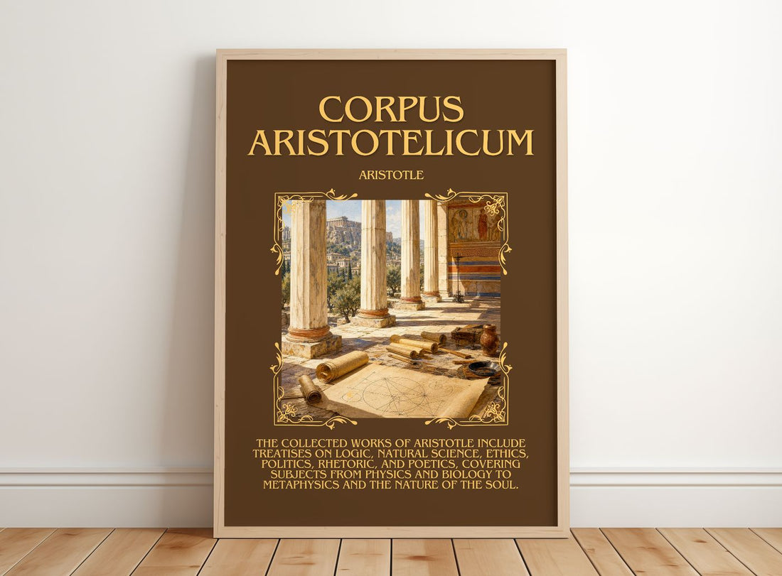 Corpus Aristotelicum Minimalist Book Poster by Aristotle – framed print leaning on a wooden floor