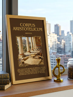 Corpus Aristotelicum Minimalist Book Poster by Aristotle – framed print on a city-view windowsill