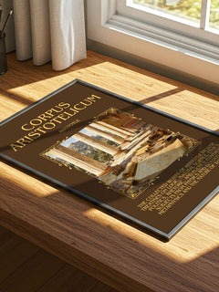 Corpus Aristotelicum Minimalist Book Poster by Aristotle – print on a sunlit desk