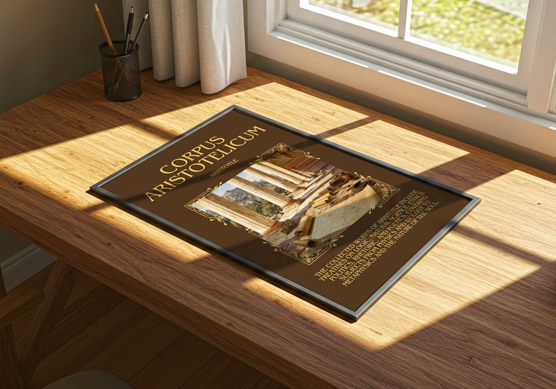 Corpus Aristotelicum Minimalist Book Poster by Aristotle – print on a sunlit desk