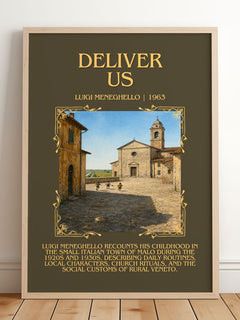 Deliver Us Minimalist Book Poster by Luigi Meneghello – framed print leaning on a wooden floor