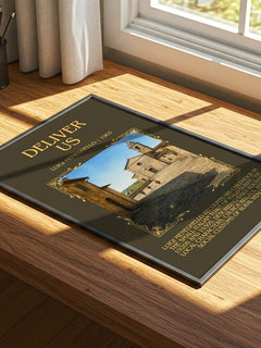 Deliver Us Minimalist Book Poster by Luigi Meneghello – print on a sunlit desk