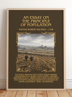 An Essay on the Principle of Population Minimalist Book Poster by Thomas Robert Malthus – framed print leaning on a wooden floor