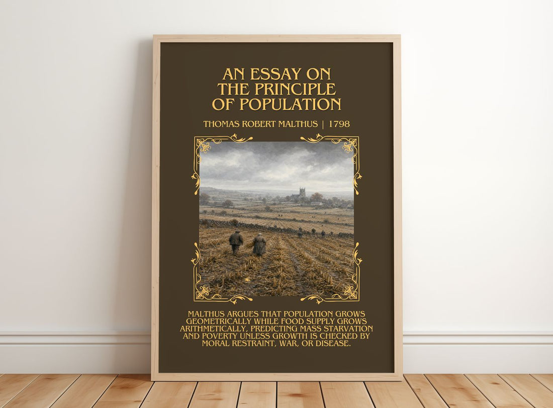 An Essay on the Principle of Population Minimalist Book Poster by Thomas Robert Malthus – framed print leaning on a wooden floor