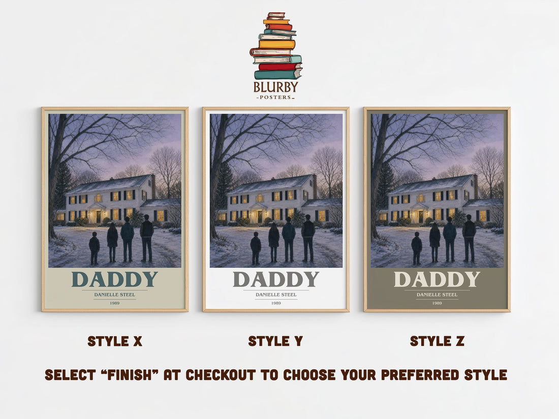 Daddy book cover print in frame leaning in hallway – contemporary fiction wall art (mockup)