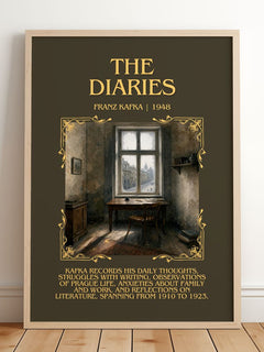 The Diaries Minimalist Book Poster by Franz Kafka – framed print leaning on a wooden floor