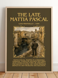 The Late Mattia Pascal Minimalist Book Poster by Luigi Pirandello – framed print leaning on a wooden floor