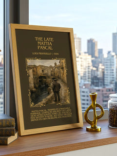 The Late Mattia Pascal Minimalist Book Poster by Luigi Pirandello – framed print on a city-view windowsill