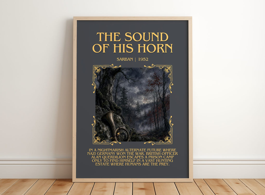 The Sound Of His Horn Minimalist Book Poster by Sarban – framed print leaning on a wooden floor