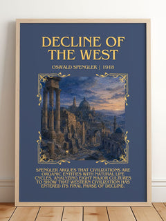 Decline of the West Minimalist Book Poster by Oswald Spengler – framed print leaning on a wooden floor