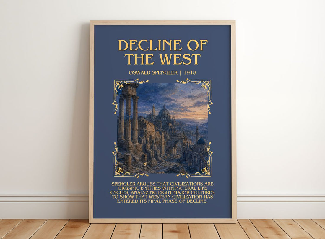 Decline of the West Minimalist Book Poster by Oswald Spengler – framed print leaning on a wooden floor