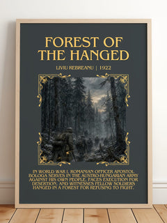 Forest of the Hanged Minimalist Book Poster by Liviu Rebreanu – framed print leaning on a wooden floor
