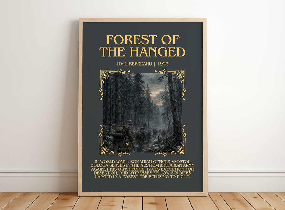 Forest of the Hanged Minimalist Book Poster by Liviu Rebreanu – framed print leaning on a wooden floor