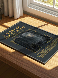 Forest of the Hanged Minimalist Book Poster by Liviu Rebreanu – print on a sunlit desk