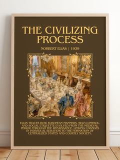 The Civilizing Process Minimalist Book Poster by Norbert Elias – framed print leaning on a wooden floor