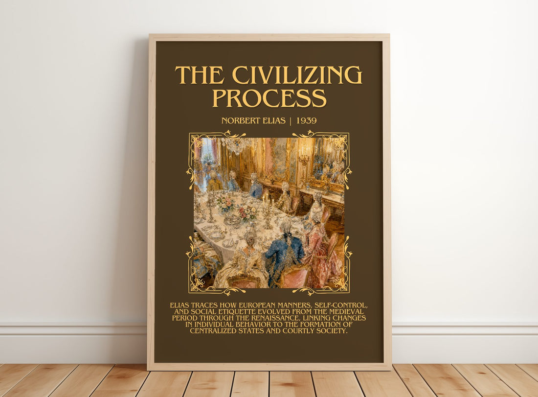 The Civilizing Process Minimalist Book Poster by Norbert Elias – framed print leaning on a wooden floor