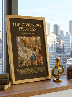 The Civilizing Process Minimalist Book Poster by Norbert Elias – framed print on a city-view windowsill