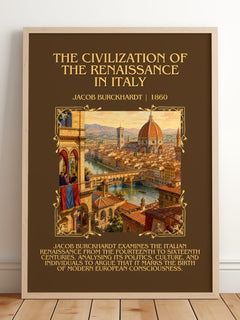 The Civilization Of The Renaissance In Italy Minimalist Book Poster by Jacob Burckhardt – framed print leaning on a wooden floor