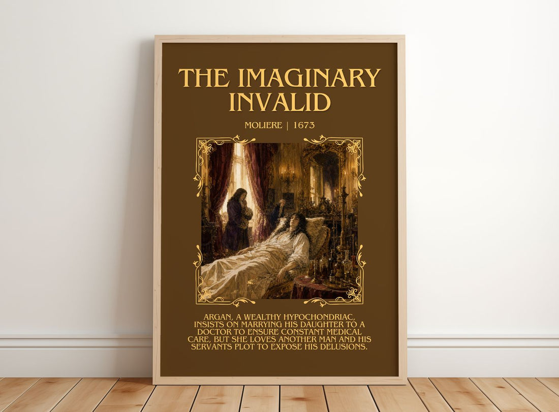 The Imaginary Invalid Minimalist Book Poster by Molière – framed print leaning on a wooden floor