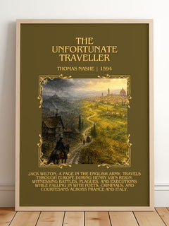 The Unfortunate Traveller Minimalist Book Poster by Thomas Nashe – framed print leaning on a wooden floor