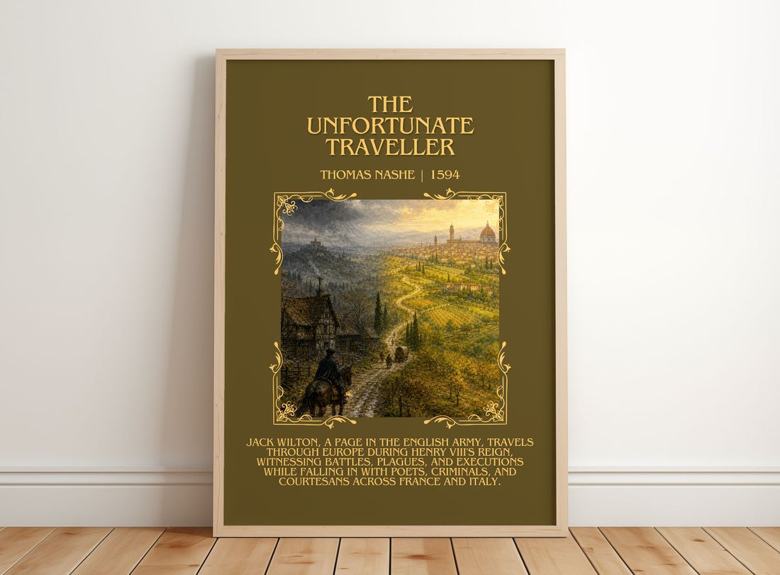 The Unfortunate Traveller Minimalist Book Poster by Thomas Nashe – framed print leaning on a wooden floor