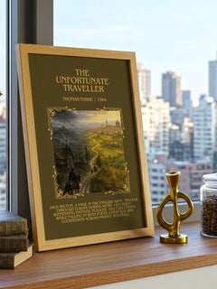 The Unfortunate Traveller Minimalist Book Poster by Thomas Nashe – framed print on a city-view windowsill