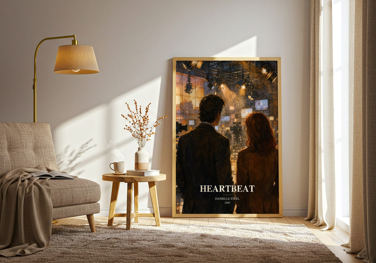 Heartbeat watercolour print in frame leaning in hallway – romance wall art