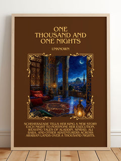 One Thousand and One Nights Minimalist Book Poster by Unknown – framed print leaning on a wooden floor