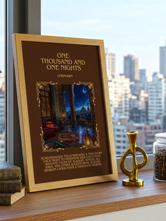 One Thousand and One Nights Minimalist Book Poster by Unknown – framed print on a city-view windowsill