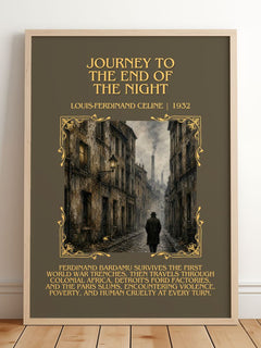Journey to the End of The Night Minimalist Book Poster by L. Céline – framed print leaning on a wooden floor