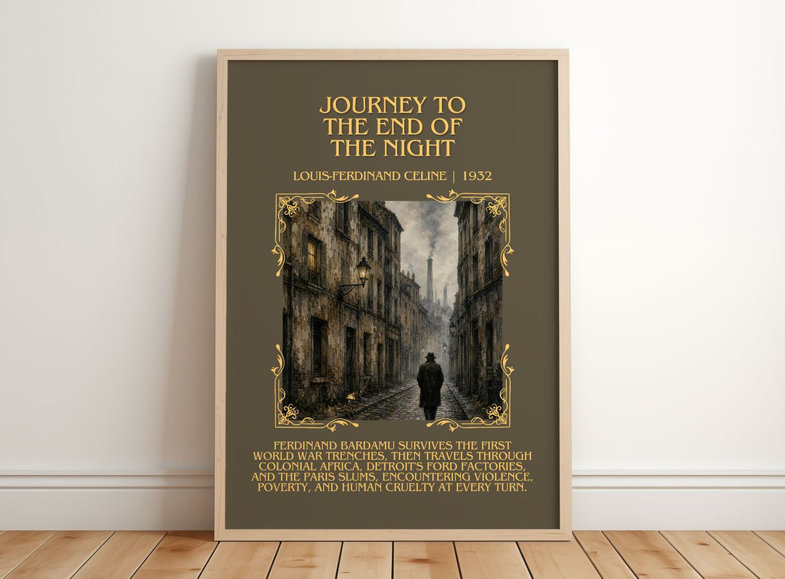 Journey to the End of The Night Minimalist Book Poster by L. Céline – framed print leaning on a wooden floor