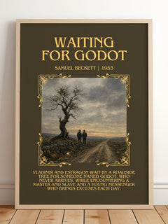 Waiting for Godot Minimalist Book Poster by Samuel Beckett – framed print leaning on a wooden floor