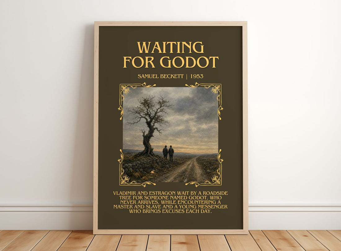 Waiting for Godot Minimalist Book Poster by Samuel Beckett – framed print leaning on a wooden floor