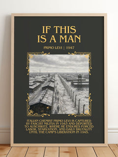 If This Is a Man Minimalist Book Poster by Primo Levi – framed print leaning on a wooden floor