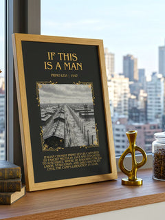 If This Is a Man Minimalist Book Poster by Primo Levi – framed print on a city-view windowsill