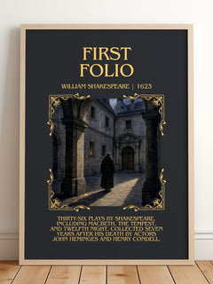 First Folio Minimalist Book Poster by William Shakespeare – framed print leaning on a wooden floor
