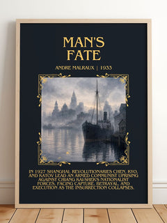 Man's Fate Minimalist Book Poster by Andre Malraux – framed print leaning on a wooden floor