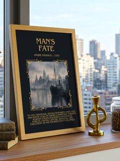 Man's Fate Minimalist Book Poster by Andre Malraux – framed print on a city-view windowsill